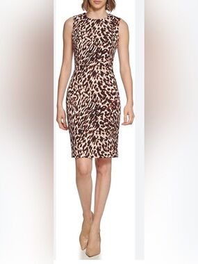 Calvin Klein Leopard-Print Midi Sheath Dress in Brown and Cream